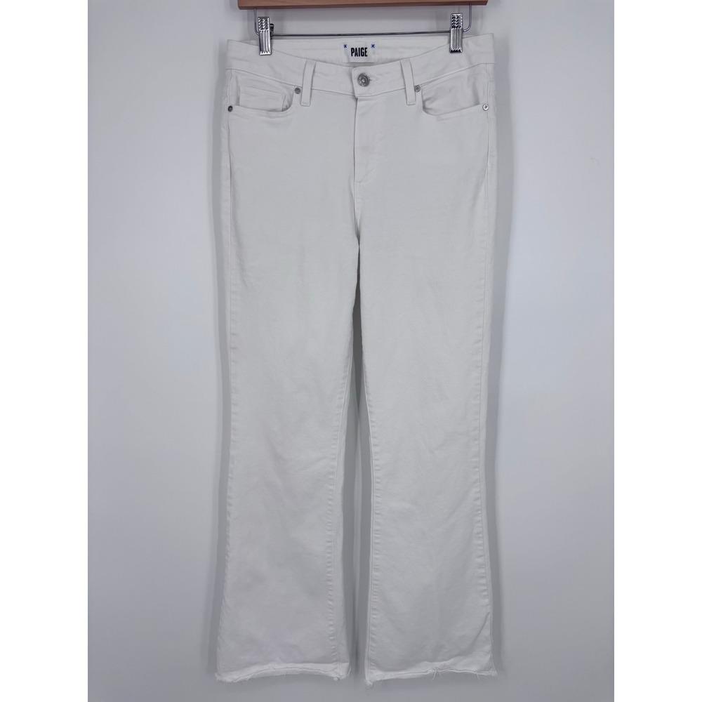 PAIGE High Rise Laurel Canyon Flare Jeans Women 28 White Raw Hem Stretch *FLAW